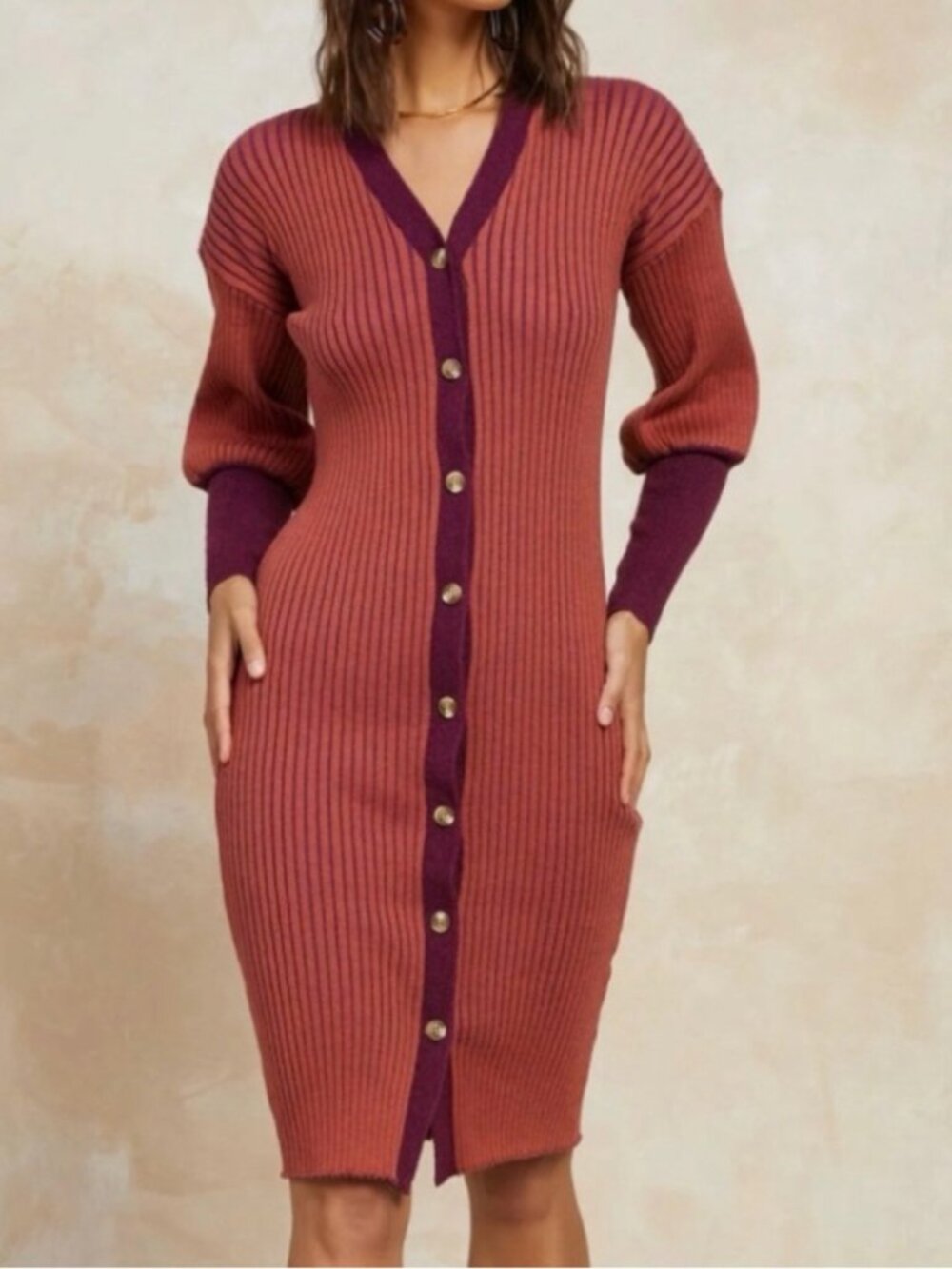 Current Air Ribbed Knit Button Front Midi Sweater Dress Rust Burgundy Purple M